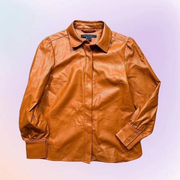 French Connection Faux Orange Brown Leather Collared Button Down Shirt Womens 6 - Picture 1 of 6